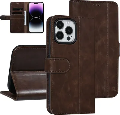 Produktbild von UNIQ Accessory iPhone 14 Pro Max Dark Brown Booktype Card holder for 3 cards - Magnetic closure