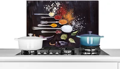 Produktbild von KitchenYeah®  Spritzschutz Küche - Küchenrückwand - Wandschutz für Herd und Spüle - Kräuter - Löffel - Gewürze - Industrie 60x40 - Alu-Dibond (Alternative zum Spritzschutz aus Glas) - Hitzebeständig -