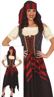 Produktbild von Pirat Abenteueroutfit Fasching Kostüm Karnevalskleidung Schwarzes Rot Gestreiftes Design, Größe: 38 - 40 (M)