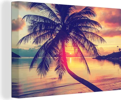 Produktbild von OneMillionCanvasses® - Leinwandbilder - 150x100 cm, Palme - Abend - Strand - Sommer, Wandbilder Kunstdruck Wanddekoration - Foto auf Leinwand - Gemälde auf Holzrahmen