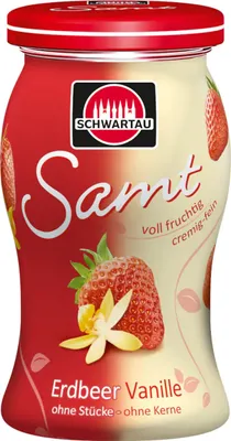 A jar of strawberry vanilla jam with a strawberry and vanilla flower illustration.
