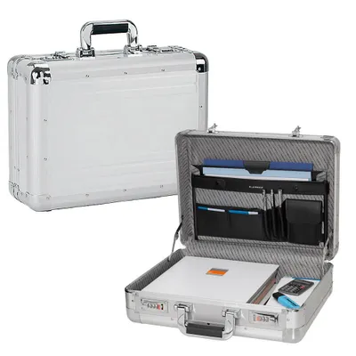 Two aluminum attaché cases are shown, one closed and one open, against a white background.