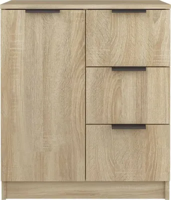 A front view of a wooden sideboard with one door and three drawers.