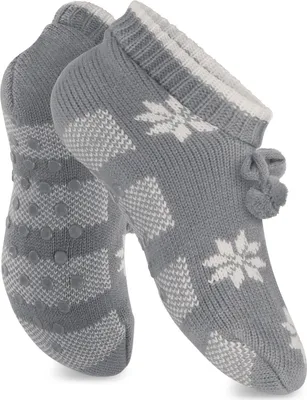 Produktbild von Celodoro Damen Norweger Strick Socken für Zuhause (1 Paar) Hüttensocken mit ABS-Sohle - Grau Weiß 39-42