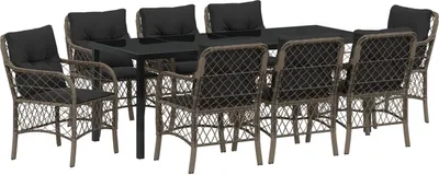 Produktbild von 9-teiliges Garten-Essset mit Kissen Grau Poly-Rattan, Gartenstühle DesignMöbel Neu