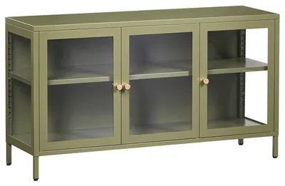 Produktbild von BELIANI Metallschrank Grün Stahl mit Glasfront 35 x 115 x 65 cm Sideboard mit Griffen 3 Türen 2 Regalböden Wohnzimmer Büro Arbeitszimmer Flur Bad