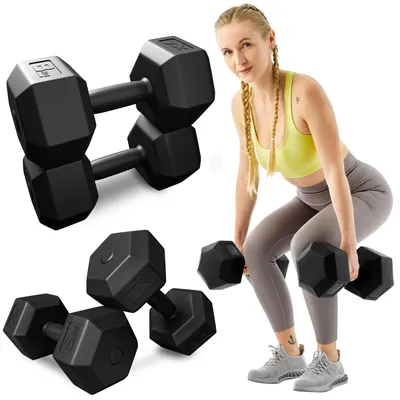 A woman is demonstrating how to use dumbbells for exercise.