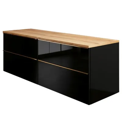 Produktbild von Waschbeckenunterschrank ONE Badezimmer 4 große Schubladen 120x50x46 Badmöbel Schwarz Hochglanz Eiche Artisan mit goldene Griffen