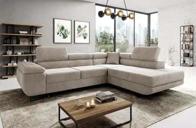 Produktbild von Avatar Kord Ecksofa in L-Form 277 x 73 x 203 cm mit Schlaffunktion und Bettzeugbehälter - Schlafsofa mit Bettkasten - Eckcouch mit Stauraum - Rechts - Farbe: Kord Creme