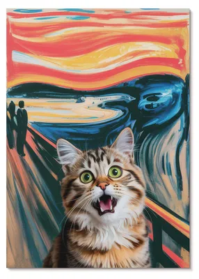 Zdjęcie produktu dla PLAKAT – 29 x 42 cm (A3) – Rin – Kot na tle kolorowego, abstrakcyjnego obrazu. – Dekoracja ścienna do salonu, sypialni i przedpokoju, nowoczesny plakat, bez ramy
