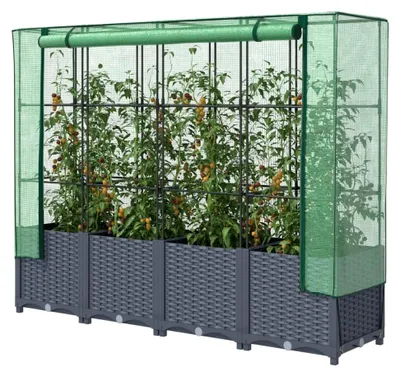 Produktbild von Hochbeet mit Gewächshausaufsatz in Rattan-Optik 160x40x138 cm, Palettenrahmen, Hochteich, Gemüsebeet, Kräuterregal für Balkon, Blumenbeet, Kräuterspirale, Tomatenbeet, Pflanzhochbeet