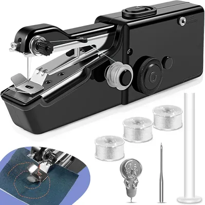 A black portable sewing machine with accessories on a white background.