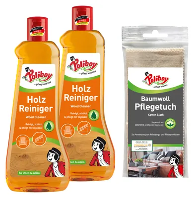 Produktbild von Poliboy Holz Reiniger Konzentrat - 2x500ml - für Hölzer im Innen- und Außenbereich - reinigt kraftvoll und pflegt sanft - mit Baumwolltuch - 99A2901