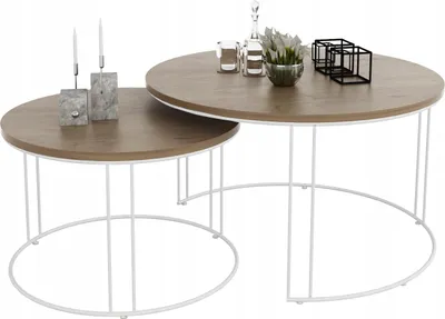 Zdjęcie produktu dla Zestaw Okrągłych Stolików Kawowych 2w1 Salon Loft Biały+Dąb Lancelot