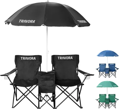 Produktbild von 2er Partner Anglerstuhl Campingstuhl mit Sonnenschirm und Kühlfach, Farbe:Schwarz