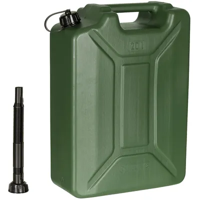 A green plastic fuel canister with a black spout, shown against a white background.