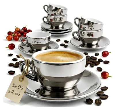 Produktbild von 6er Set Espressotassen mit Untertassen | Silber Chrome | dickwandig und schwer