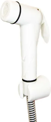 A white bidet sprayer with a hose and wall mount, isolated on a white background.