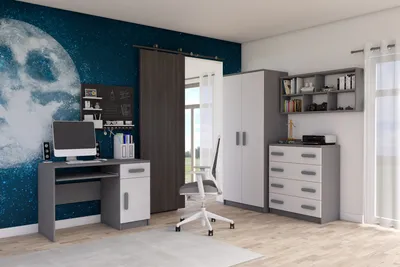 A child's bedroom set with a desk, chair, wardrobe, and shelves against a wall with a moon mural.