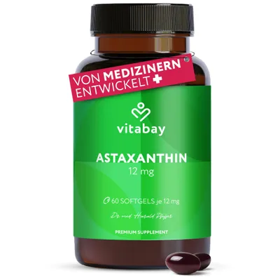 Produktbild von Vitabay Astaxanthin 12 mg – 90 vegane Softgel-Kapseln – aus Haematococcus pluvialis – ohne Zusatzstoffe – hochdosiert – 6 Monate Vorrat