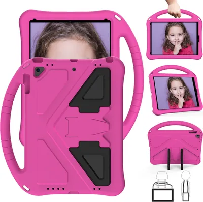 Immagine prodotto di Custodia per bambini per il nuovo iPad 2017/2018, custodia antiurto leggera in EVA con supporto pieghevole e maniglia Rosa
