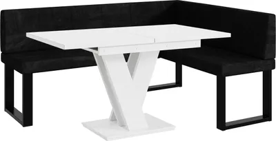 Produktbild von MEBLINI Eckbank für Esszimmer mit ausziehbarem Tisch  - Küchenbank - Essecke - Sitzecke Küche - PETER - U-Beine 128x168x87cm Rechts - Schwarz Samt/M Weiß Matt