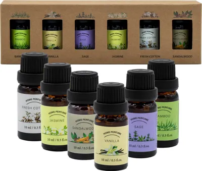 Produktbild von Aromaöl für Diffuser in 6 verschiedenen Düfen - 12er Set - Raumduft Öl in 10ml Flacons für Aromalampen - Raum Erfrischer Lavendel Jasmin Baumwolle Sandelholz Bambus Vanille Duft Aroma Therapie