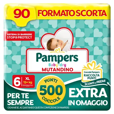 Produktbild von Pampers Baby Dry Windelhöschen XL + 500 extra Kuschelpunkte, Größe 6 (15 + kg), 90 Windeln (Vorratgröße) – Größe Taglia 6