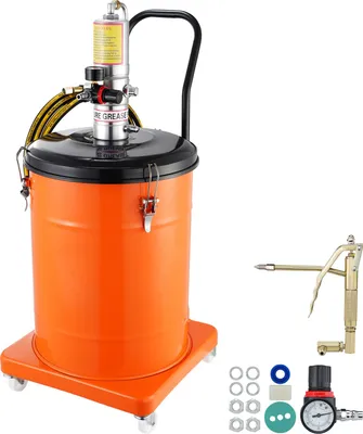 Zdjęcie produktu dla Pompa smaru SucceBuy, 10,5 galona (40 litrów). Sterowana pneumatycznie z wężem o długości 13 stóp i smarownicą. Pneumatyczna pompa kubełkowa na kółkach. Przenośne smarowanie. Przełożenie ciśnienia 50:1 zapewnia płynną pracę