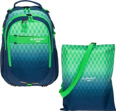 Produktbild von Rucksack 2 Teile Set Elephant Hero Signature Mappe Schulranzen Schulrucksack mit Turnbeutel Jungen Mädchen 12810 Cube Green Blue rt