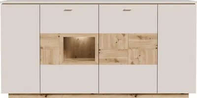 Produktbild von 4-türiges Sideboard LOUOTO mit Glaseinsatz und 4 Einlegeböden, Sand Artisan Eiche