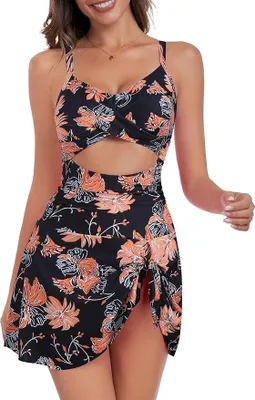 Produktbild von Damen Badeanzug - Einteiliges Schwimmkleid mit Bauchkontrolle, Push-Up-Effekt, Cutout-Design, V-Ausschnitt und Schleifenrock, D