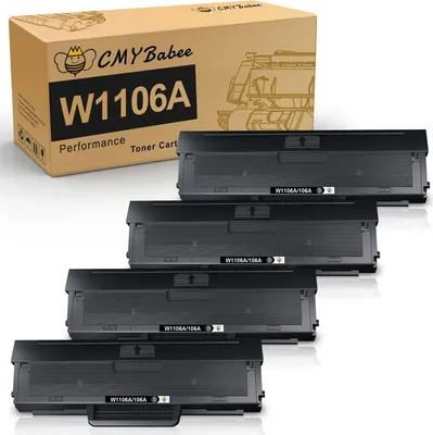 A box of CMYBabee toner cartridges with four toner cartridges stacked in front of it.