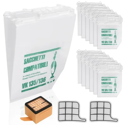 Staubsaugerbeutel für Kobold VK135/136 + 2 HEPA-Filter, 12 Stück