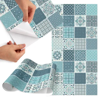 Produktbild von Möbelfolie 75x150 cm - Klebefolie Möbel - Selbstklebende Folie - Folie für Möbel - Möbelfolie Küche - Klebefolie Küche - Möbelfolie Schrank - Wasserdicht - Abwaschbar - Selbstklebend - Luftblasenfrei - Rückstandslos entfernbar - Türkisfarbene Fliesen