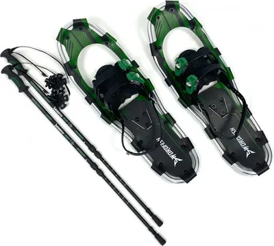 A pair of snowshoes and two trekking poles are laid out on a white background.