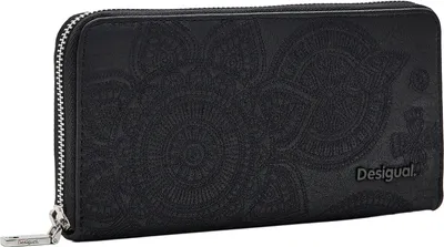 A black wallet with a patterned texture and the brand name 'Desigual' printed on it.