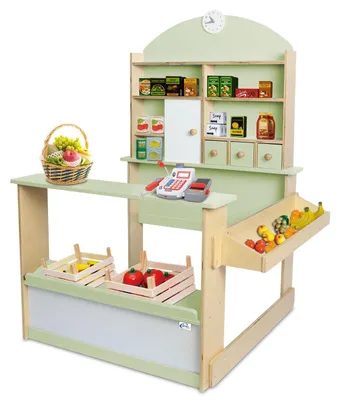 Produktbild von Kaufladen Kinder Kaufmannsladen Holz Verkaufsstand mit 3 Schubladen Schrank Uhr Theke Seitentheke Farbe Pastell-Grün
