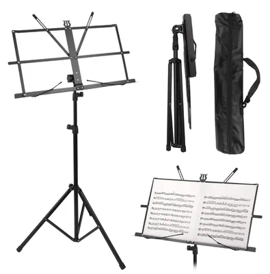 Produktbild von Musikständer, klappbar - Höhenverstellbar von 65 bis 135 cm - Schwarz - Für Gitarre, Ukulele und Schlagzeug - Für den Schulgebrauch und für unterwegs