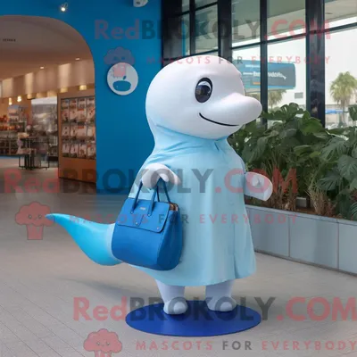 Image de Personnage mascotte REDBROKOLY d un béluga bleu habillé d une mini robe et de sacs besaces