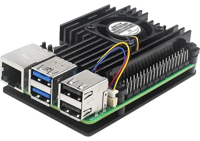 Imagen del producto de Carcasa de aluminio con ventilador para Raspberry Pi 5, diseño abierto, color negro