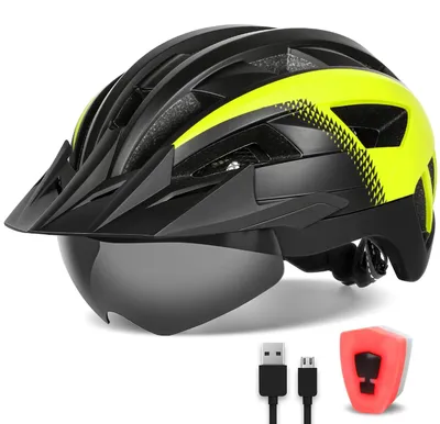 Zdjęcie produktu dla Kask rowerowy FUNWICT z daszkiem dla mężczyzn i kobiet, lekki kask rowerowy z magnetyczną osłoną na okulary i diodą LED do ładowania przez USB, stylowy kask rowerowy górski, rozmiar M/L/XL (XL: 59-63 cm, czarny i żółty)