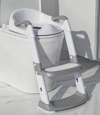Produktbild von Famanu Toilettensitzverkleiner höhenverstellbar und klappbar mit Tritt und Polster - Antirutsch Toilettenerhöhung in Weiß Grau