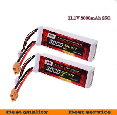 Two Li-Po batteries with red and black wires and XT60 connectors are shown against a white background.