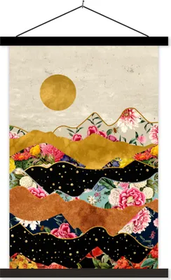 Produktbild von MuchoWow® Textilposter Gold - Blumen - Druck - Abstrakt - Landschaft - Muster 60x90 cm mit schwarzem Rahmen - Poster Wohnzimmer