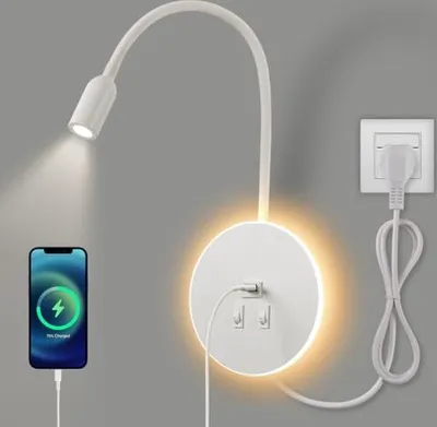 Produktbild von LED Schwanenhals leselampe wandlampe USB-Aufladung mit schalter verstellbarer Strahler wandleselampe Bettlampe innen Leselicht Schlafzimmer 3W Weiß+stecker