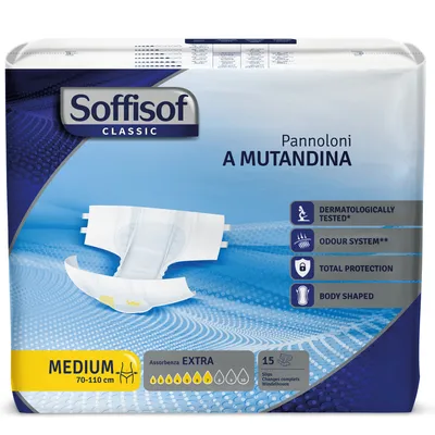 Immagine prodotto di 15x Soffisof Classic Extra M – Pannoloni per Anziani e Adulti – 1 Confezione da 15 Pannoloni con Adesivi, 7 Gocce