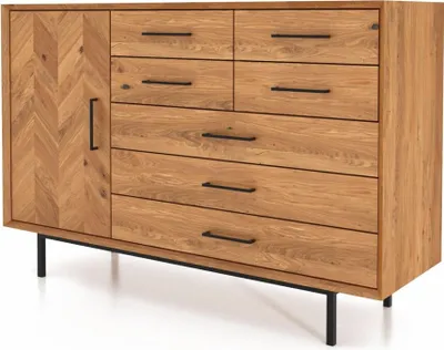 Produktbild von Kommode Seiba Wildeiche massiv 144x45x95 mit 1 Tür 7 Schubladen Fischgrätmuster