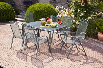 Produktbild von greemotion Gartenmöbel Set 7-teilig Toulouse Gartenset Metall grau wetterfest inkl. Klappsessel