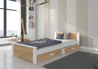 Obrázek produktu pro Jednolůžková postel se šuplíky a matrací 90x200 FASNA - bílé / dub craft